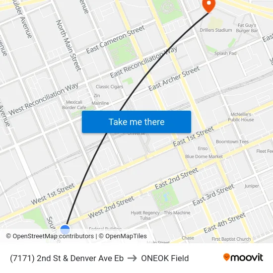 (7171) 2nd St & Denver Ave Eb to ONEOK Field map