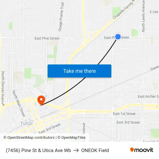 (7456) Pine St & Utica Ave Wb to ONEOK Field map