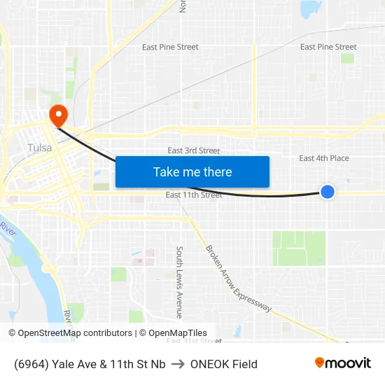 (6964) Yale Ave & 11th St Nb to ONEOK Field map