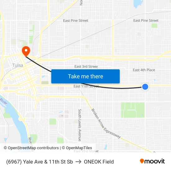 (6967) Yale Ave & 11th St Sb to ONEOK Field map