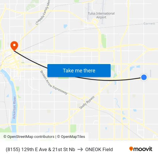 (8155) 129th E Ave & 21st St Nb to ONEOK Field map
