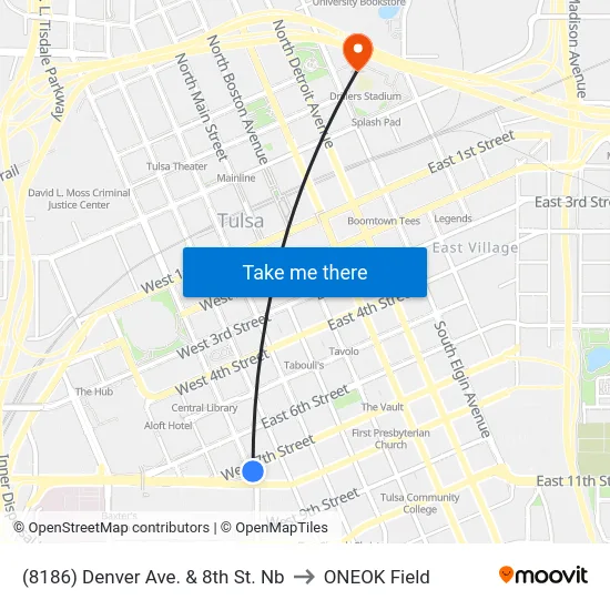 (8186) Denver Ave. & 8th St. Nb to ONEOK Field map