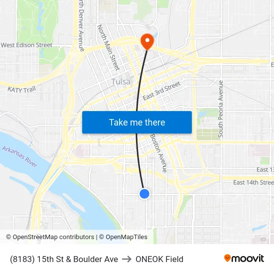 (8183) 15th St & Boulder Ave to ONEOK Field map