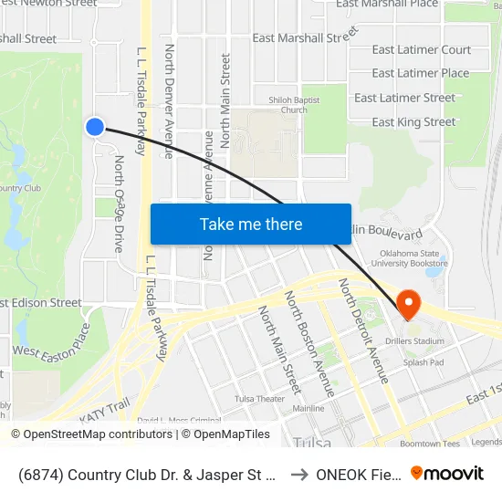 (6874) Country Club Dr. & Jasper St Nb to ONEOK Field map