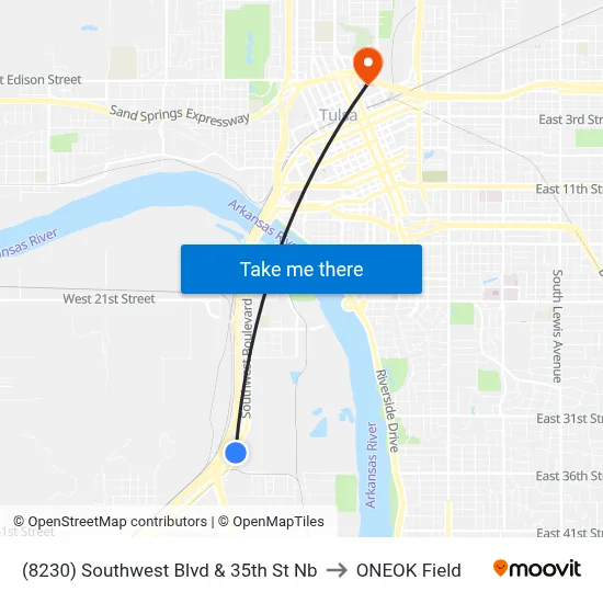 (8230) Southwest Blvd & 35th St Nb to ONEOK Field map