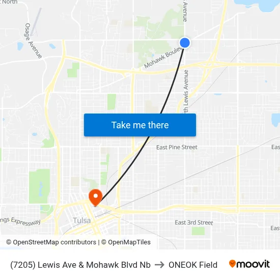 (7205) Lewis Ave & Mohawk Blvd Nb to ONEOK Field map