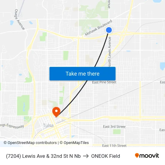(7204) Lewis Ave & 32nd St N Nb to ONEOK Field map