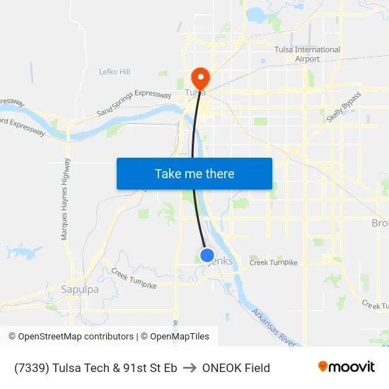 (7339) Tulsa Tech & 91st St Eb to ONEOK Field map