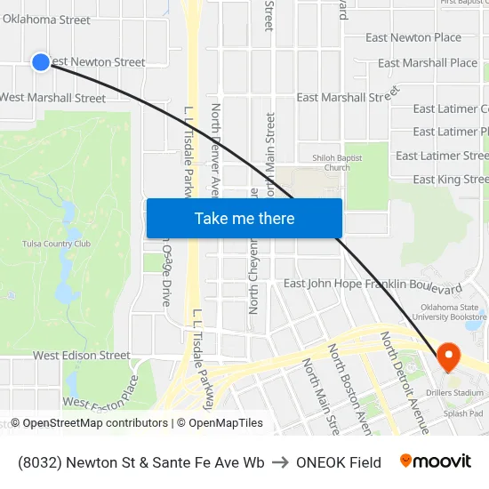 (8032) Newton St & Sante Fe Ave Wb to ONEOK Field map