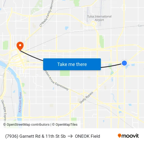 (7936) Garnett Rd & 11th St Sb to ONEOK Field map