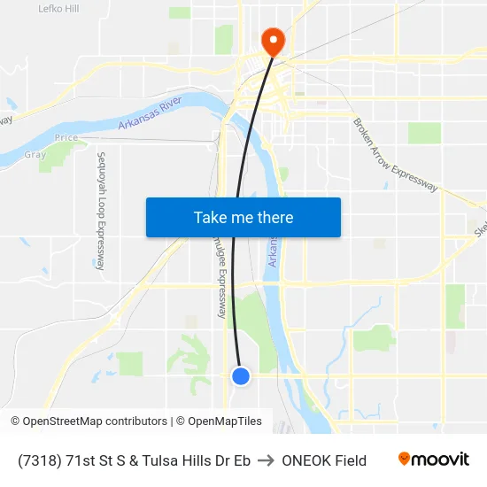 (7318) 71st St S & Tulsa Hills Dr Eb to ONEOK Field map