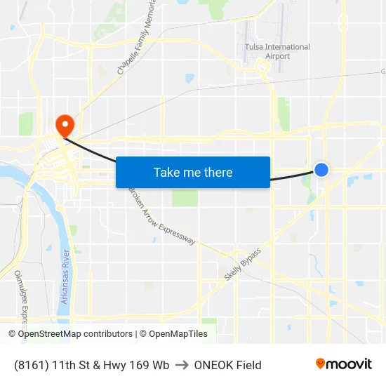 (8161) 11th St & Hwy 169 Wb to ONEOK Field map