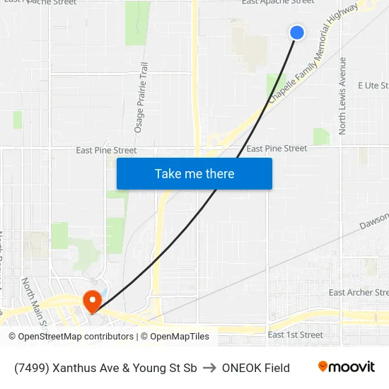 (7499) Xanthus Ave & Young St Sb to ONEOK Field map