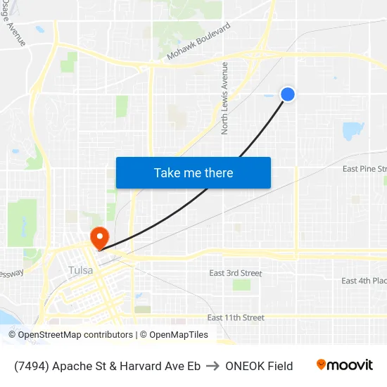 (7494) Apache St & Harvard Ave Eb to ONEOK Field map