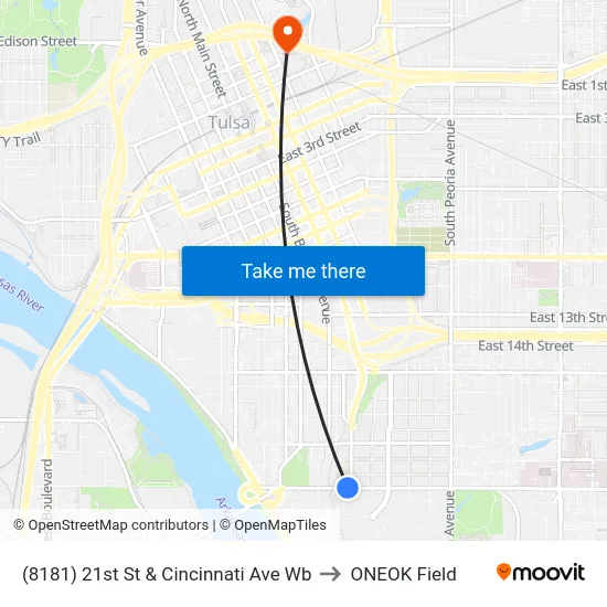 (8181) 21st St & Cincinnati Ave Wb to ONEOK Field map