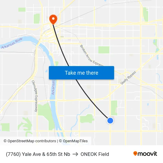 (7760) Yale Ave & 65th St Nb to ONEOK Field map