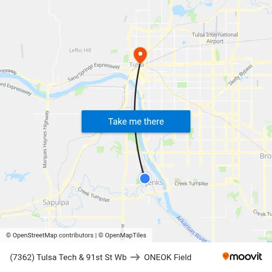 (7362) Tulsa Tech & 91st St Wb to ONEOK Field map