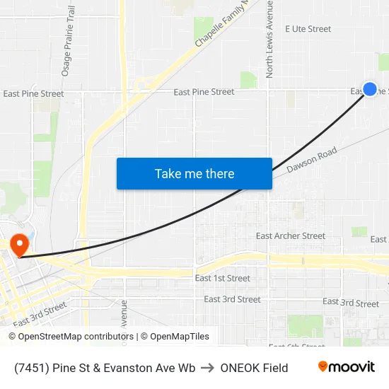 (7451) Pine St & Evanston Ave Wb to ONEOK Field map