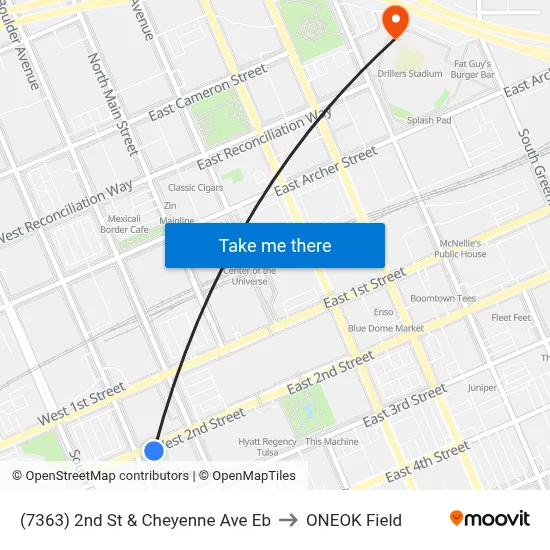 (7363) 2nd St & Cheyenne Ave Eb to ONEOK Field map