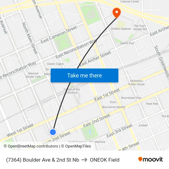(7364) Boulder Ave & 2nd St Nb to ONEOK Field map