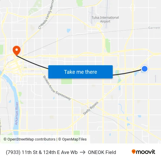 (7933) 11th St & 124th E Ave Wb to ONEOK Field map