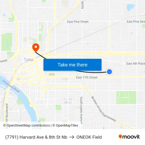 (7791) Harvard Ave & 8th St Nb to ONEOK Field map