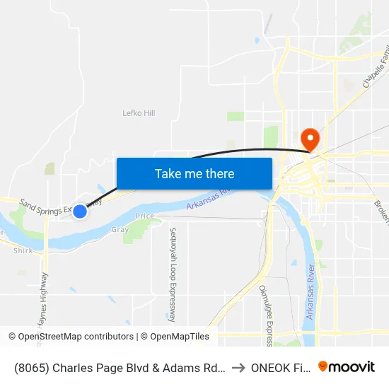 (8065) Charles Page Blvd & Adams Rd 2 Wb to ONEOK Field map