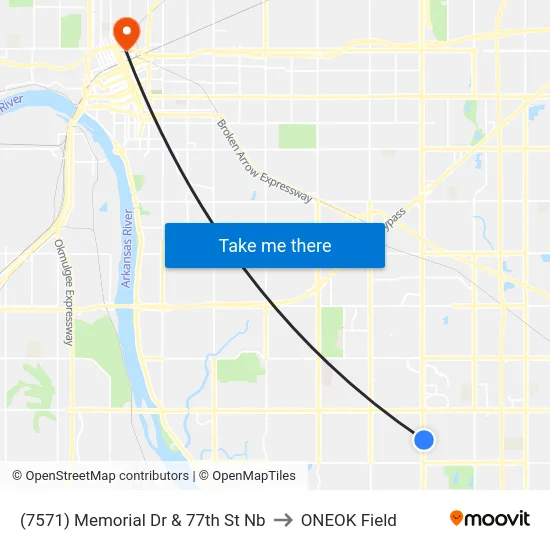 (7571) Memorial Dr & 77th St Nb to ONEOK Field map