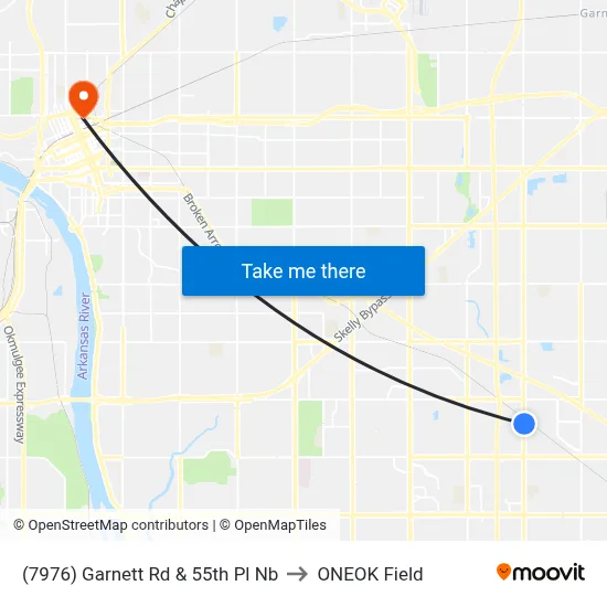 (7976) Garnett Rd & 55th Pl Nb to ONEOK Field map