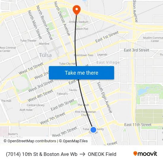 (7014) 10th St & Boston Ave Wb to ONEOK Field map