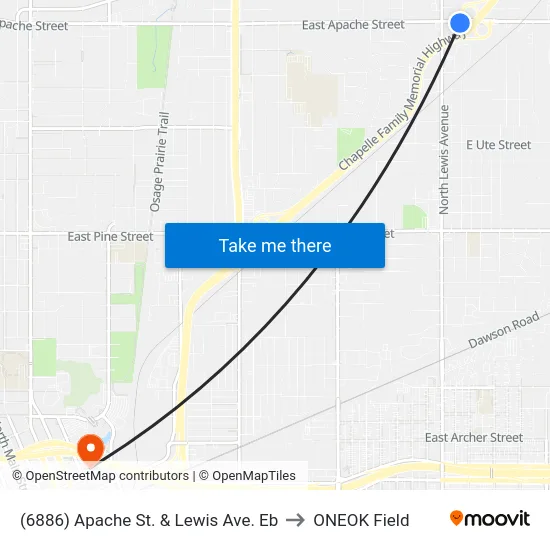 (6886) Apache St. & Lewis Ave. Eb to ONEOK Field map