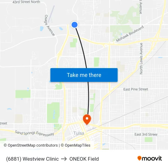 (6881) Westview Clinic to ONEOK Field map