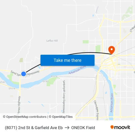 (8071) 2nd St & Garfield Ave Eb to ONEOK Field map