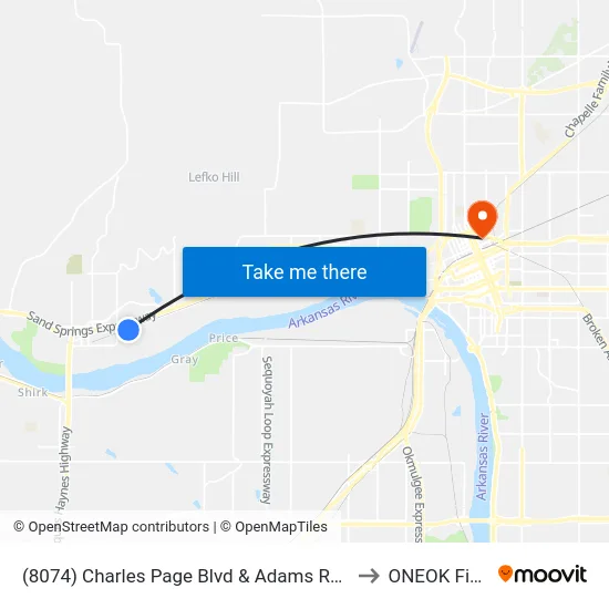 (8074) Charles Page Blvd & Adams Rd Eb to ONEOK Field map