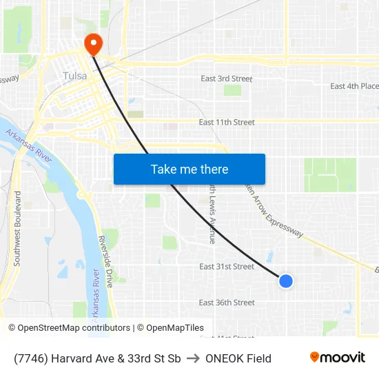 (7746) Harvard Ave & 33rd St Sb to ONEOK Field map