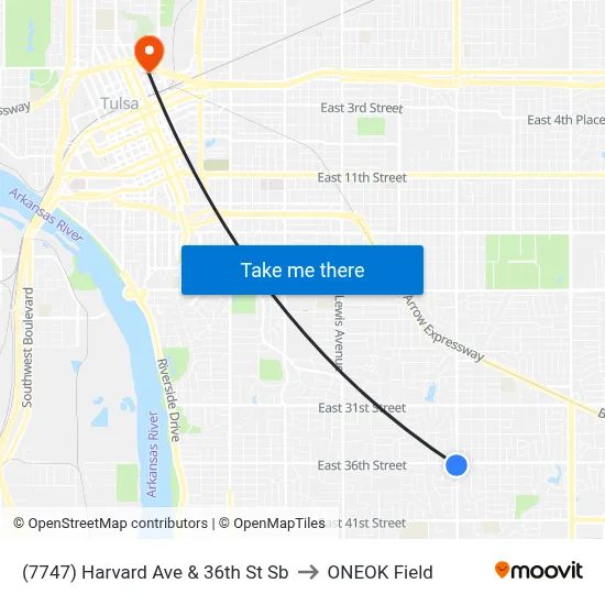 (7747) Harvard Ave & 36th St Sb to ONEOK Field map
