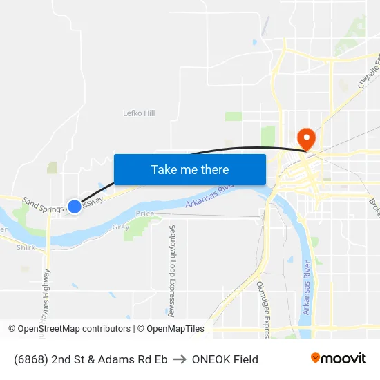 (6868) 2nd St & Adams Rd Eb to ONEOK Field map