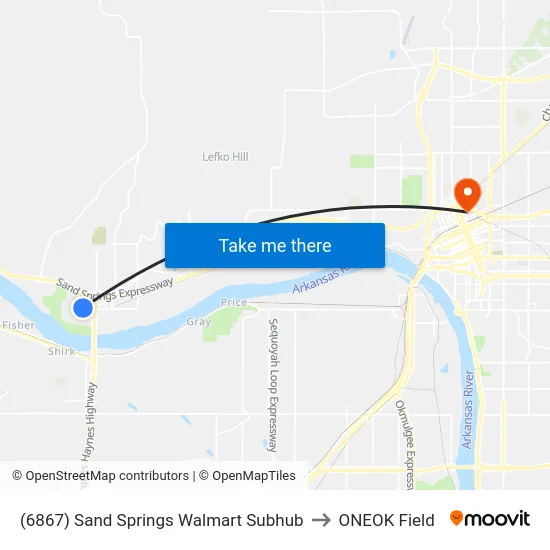 (6867) Sand Springs Walmart Subhub to ONEOK Field map