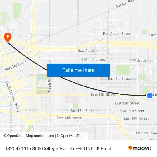 (8254) 11th St & College Ave Eb to ONEOK Field map