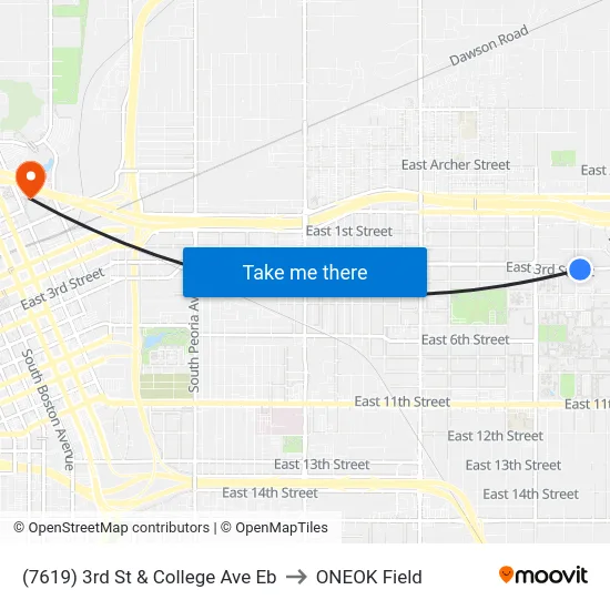 (7619) 3rd St & College Ave Eb to ONEOK Field map