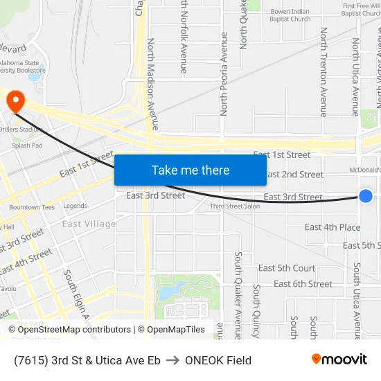 (7615) 3rd St & Utica Ave Eb to ONEOK Field map