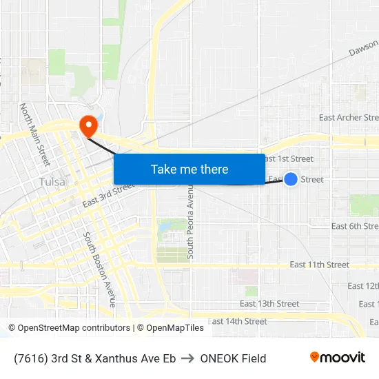 (7616) 3rd St & Xanthus Ave Eb to ONEOK Field map