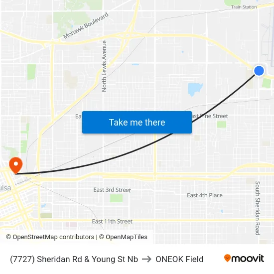 (7727) Sheridan Rd & Young St Nb to ONEOK Field map