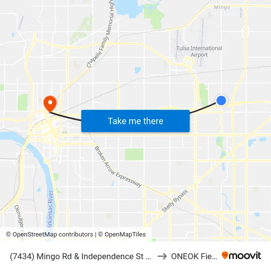 (7434) Mingo Rd &  Independence St Nb to ONEOK Field map