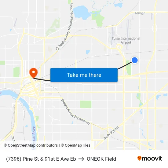 (7396) Pine St & 91st E Ave Eb to ONEOK Field map
