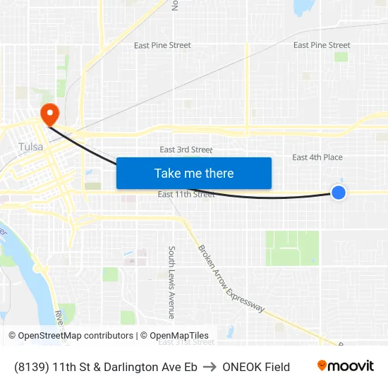 (8139) 11th St & Darlington Ave Eb to ONEOK Field map