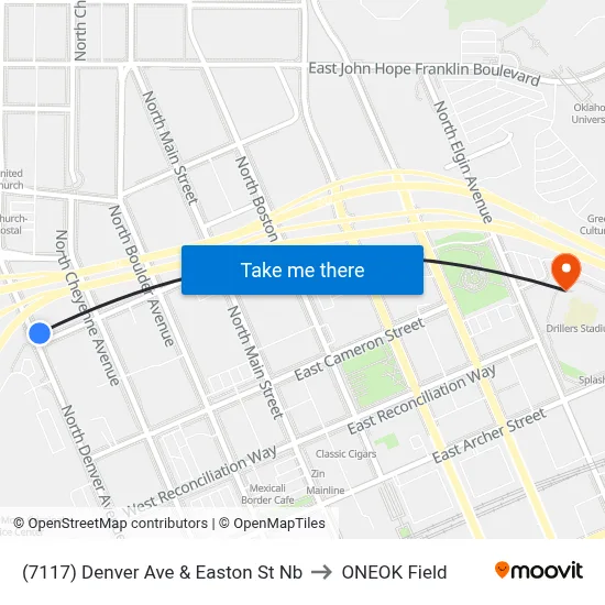(7117) Denver Ave & Easton St Nb to ONEOK Field map