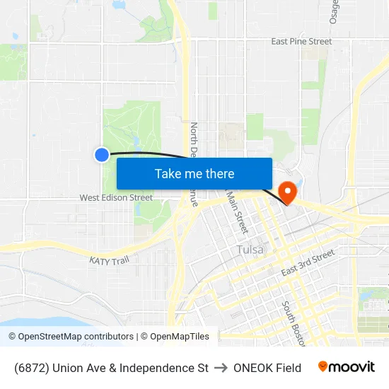(6872) Union Ave & Independence St to ONEOK Field map
