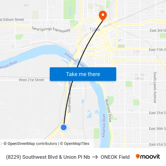 (8229) Southwest Blvd & Union Pl Nb to ONEOK Field map