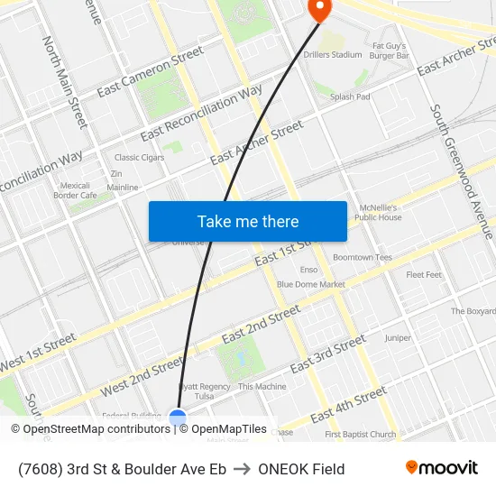 (7608) 3rd St & Boulder Ave Eb to ONEOK Field map